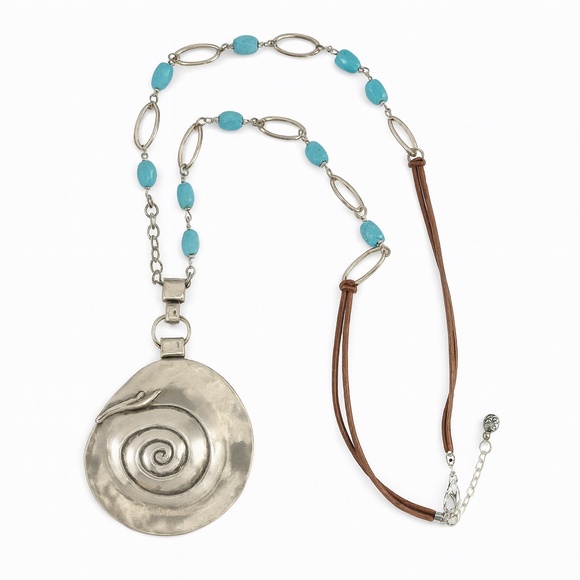 ERICA LYONS Silver-Turquoise Spiral Pendant Long Statement Necklace Boho - Picture 1 of 16